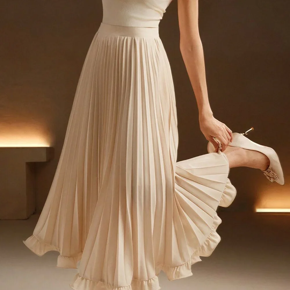 Apricot Elegant Women's Color Pleated Woven Ruffle Hem Skirt - Picture 4 of 7
